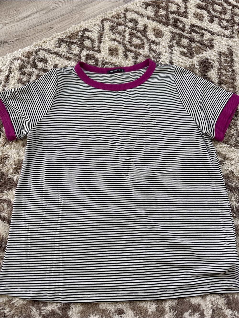 Striped Black & White Tee with Magenta Trim